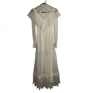 Vtg Gunne Sax 70s Prairie Boho Ivory Wedding Dress High Neck Lace Women’s Sz 3
